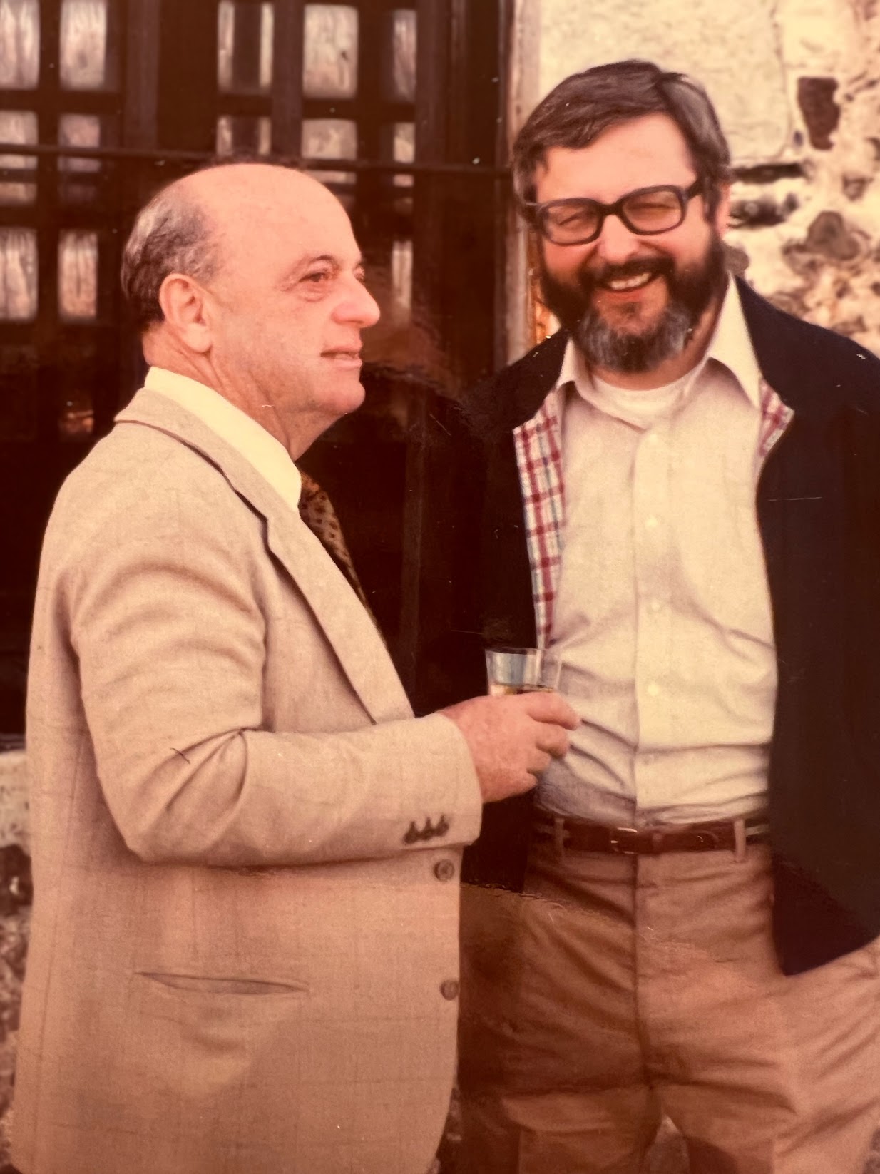 Clifford Ambrose Truesdell III (February 18, 1919 – January 14, 2000) and Bill at Fort Niagara, 1982 for the social that concluded the Categories and Continuum Physics conference. Photo by Geraldine Duskin. 