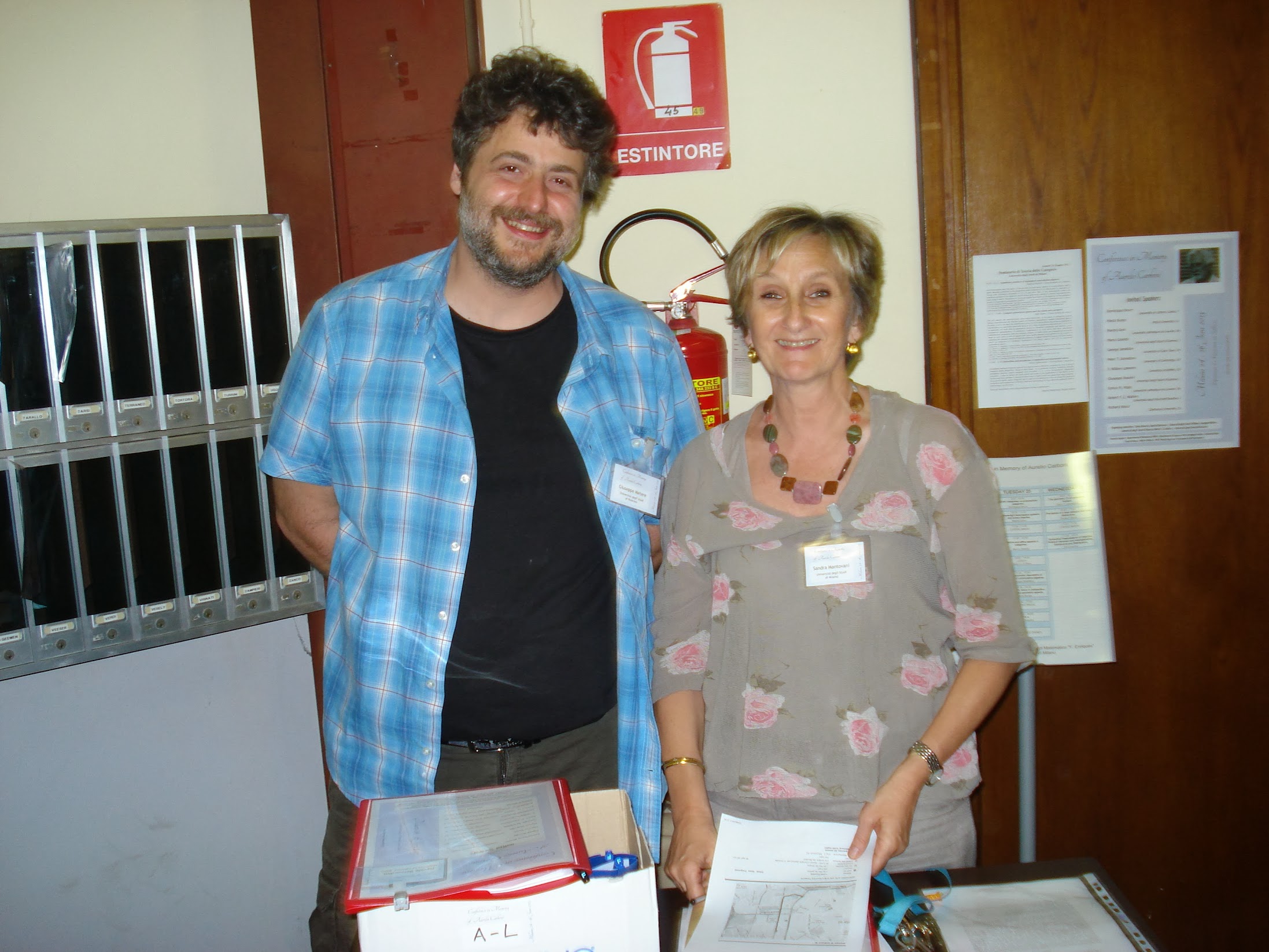 Beppe Mettere and Sandra Mantovani 2013 at University of Milan Mathematics Department, known as "VIa Saldini". just before the start of the memorial conference for Aurelio Carboni. 